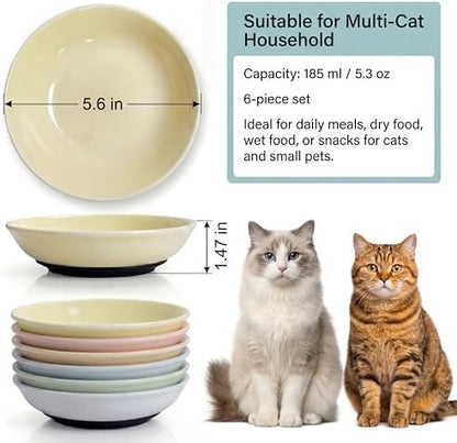 Ceramic Cat Food Bowls 6 Pack – Shallow Cat Bowl with Non-Slip Silicone Base, Whisker-Fatigue Dishes for Indoor Cats – Microwave Dishwasher Safe – 5.3 oz Colorful Pet Plates for Wet Dry Food Water - Image 2