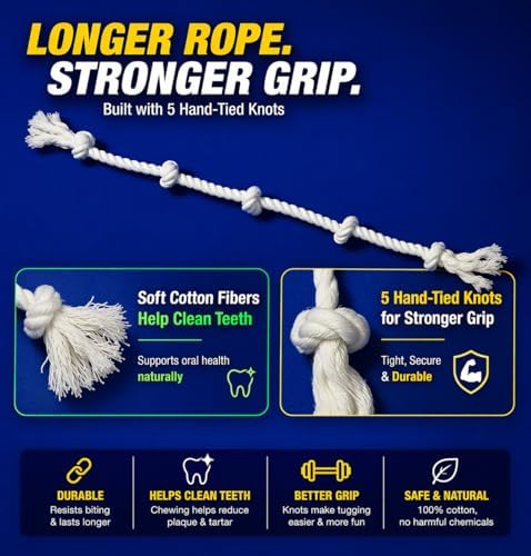 35" Dog Rope Tug Toy – 5-Knot Cotton Rope, Perfect Balance for Tug & Chew, Durable Interactive Toy for Medium & Large Dogs (22–88 lbs), Indoor & Outdoor, Washable, White - Image 3