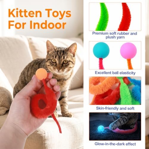 Skrfren 6Pcs Elastic Tails Cat Toys, Interactive Bouncy Balls Worm Toy - Image 3