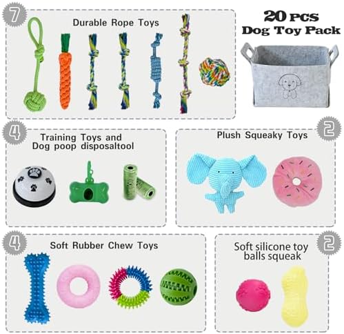 MRSOHRET 20Pcs Puppy Chew Toys for Teething, Dog Chew Toys with Rope Toys, Pet Dog Toothbrush, Treat Balls, Plush Toys and Squeaky Toy for Small Medium Dogs with Basket (20 Pack Elephant) - Image 2