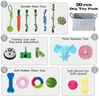 MRSOHRET 20Pcs Puppy Chew Toys for Teething, Dog Chew Toys with Rope Toys, Pet Dog Toothbrush, Treat Balls, Plush Toys and Squeaky Toy for Small Medium Dogs with Basket (20 Pack Elephant) - Image 2