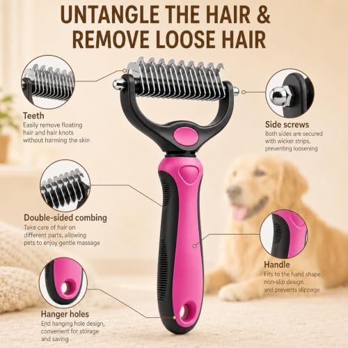 Dematting Comb for Dogs and Cats, Pet Grooming Rake, Double Sided Deshedding Brush for Dogs & Cats, Deshedding Dog Brush Removes Tangles Knots and Loose Fur for Long Haired Pets (Blue+pink) - Image 4