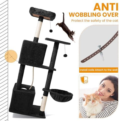 54-Inch Cat Tree Tower with 2 Caves & 2 Pompoms - Multi-Level Tower for Indoor Cats, Soft Plush Condo with Scratching Posts - Sturdy Base for Large Cats(Black) - Image 6