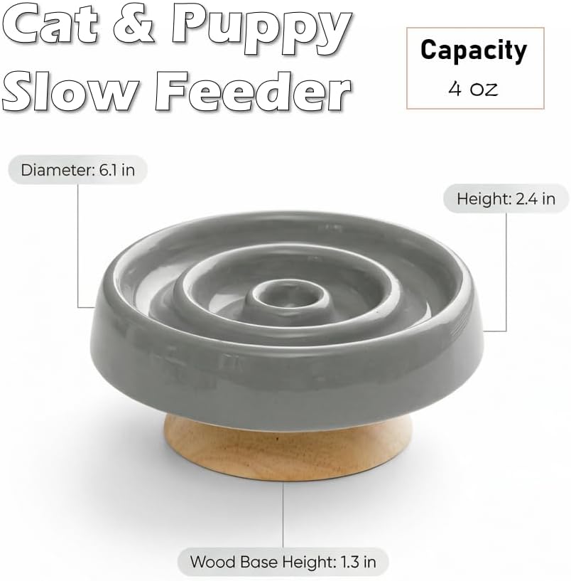 Ceramic Cat Slow Feeder, Raised Slow Feeder Cat Bowl, Anti Vomiting and Whisker Friendly Kitty Dish, Elevated Puppy Kitten Bowl for Dry and Wet Food (Gray) - Image 2