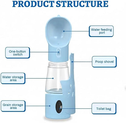All-in-One Pet Water Bottle with Food Container, Poop Bag Dispenser & Shovel | Portable Dog Travel Bottle | Leak-Proof, BPA-Free, One-Hand Operation | Outdoor Pet Feeder (Blue)