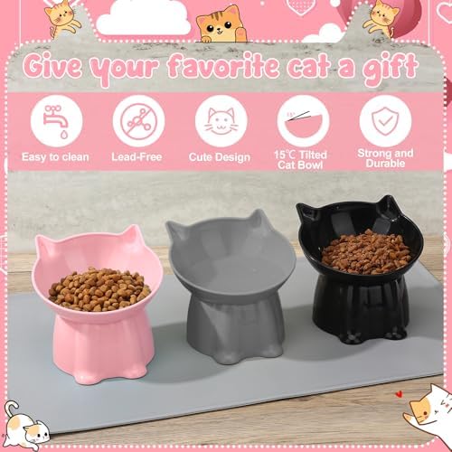3 Pcs Elevated Cat Bowls 15°Raised Cat Food Bowl with Silicone Mat Grey - Image 4
