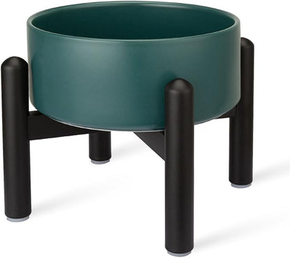 Raised Ceramic Dog Bowl - Elevated Food Water Dish with Stainless Steel Stand - for Small to Medium Dogs - 6 Inch - 2 Cups (28.75 fl oz) - Green