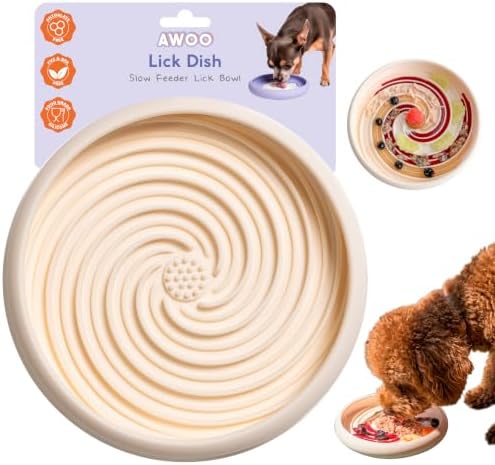 Large Lick Dish - Silicone Lick Mat + Slow Feeder for Cats & Dogs (Almond) by AwooPetEssentials