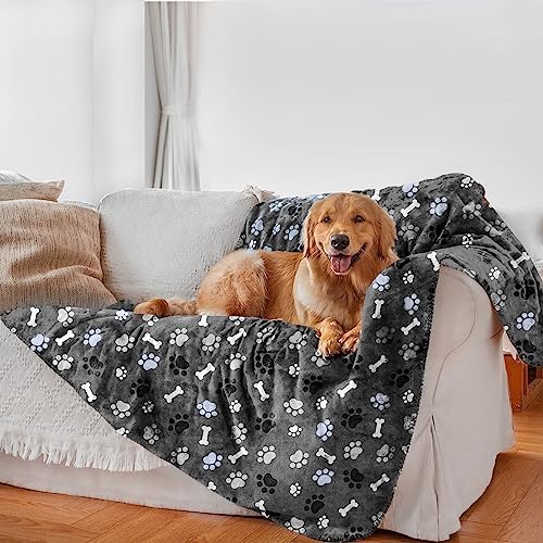 Waterproof Dog Blanket, Pattern Printing Super Soft Warm Fluffy Facecloth Sofa Car Bed Protector, Urine Proof Washable Outdoor Pet Blanket for Puppy Large Dogs & Cats(paw & Bone80*60) by AIWEKDOGBLANKETS