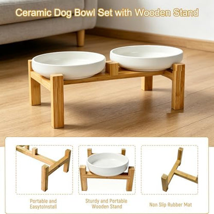 Shallow Elevated Cat Bowls with Bamboo Stand, 6.1 Inch Wide Ceramic Cat Dish Whisker Friendly, 2 Pack Pet Food and Water Plates - Image 4