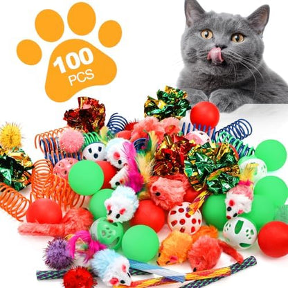 Nicunom 100 Pcs Cat Toys for Indoor Cats and Kittens - Spring, Fur Mice, Crinkle Ball, Sparkle Pom Pom Ball, Bell, Catnip Rope, Variety Cat Interactive Toy Set - Image 3
