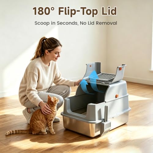 Enclosed Stainless Steel Litter Box, XL Covered MetalPan Includes Mat Scoop - Image 4
