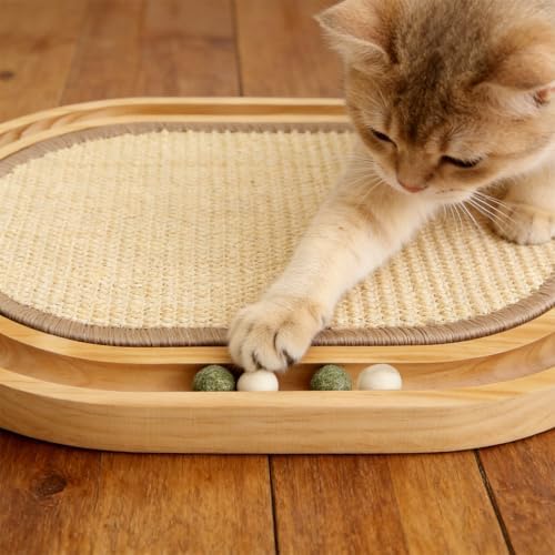 Sisal Cat Scratcher Toy, Natu sisal cat Scratching pad, Ball Track Wooden Interactive Cat Toy Ball, Catnip Ball, for Cats Chasing, Hunting, Mental Physical Exercise Puzzle - Image 6