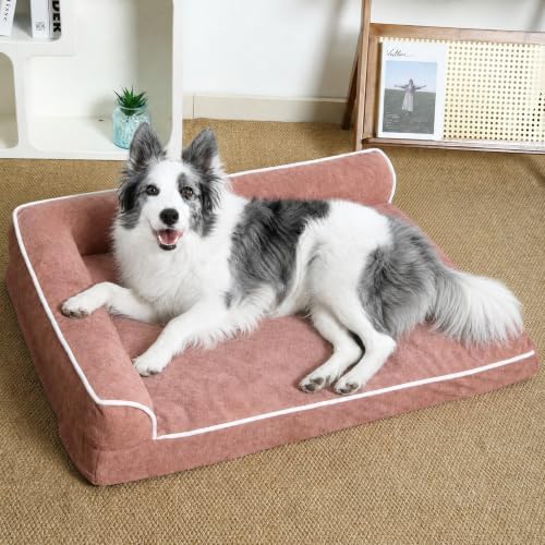 Orthopedic Dog Bed with Pillow L-Shape Dog Sofa for Large Medium Dogs, Dogs Couch with Removable Washable Cover, Pet Bed with Nonskid Bottom(Pink, X-Large(42x30in)) by WARFORT