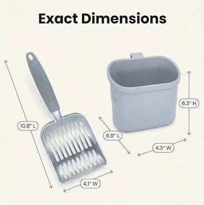 4-in-1 Cat Litter Scoop with Holder, Cat Litter Box Organizer Cleanup Kit - Sweeper & Dustpan, Aluminum Kitty Litter Scooper and Storage Caddy (Gray)