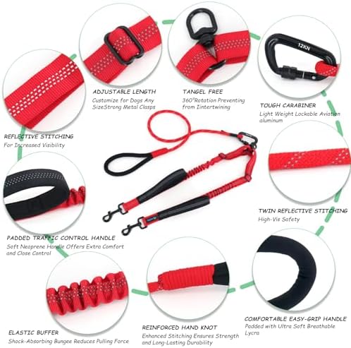 Double Dog Leash No Tangle – Dual Dog Leash for 2 Dogs with Shock Absorbing Bungee, 360° Swivel, Reflective Safety, Heavy Duty for Medium & Large Dogs (Carnation Red) - Image 5