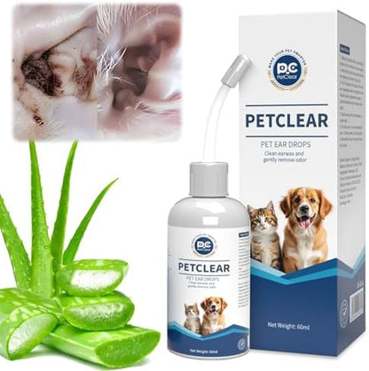Dog Ear Cleaner, Contains Aloe Vera, Relieves Itching, Removes Earwax Buildup, Debris, Odors, Non Irritating, with Extended Soft Silicone Dropper, For Dogs and Cats, 1 Bottles (2.03 oz in total) by PETCLEAR