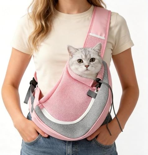 Dog Sling Carrier, Up to 5 lbs, Breathable Mesh Hand-Free Bag for Small Dogs Cat for Traveling, Hiking, Medium, Pink by ExploreFreelyLoveSecurely
