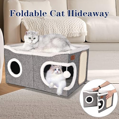 Extra Large Cat Beds for Indoor Cats, Covered Cat Cave Beds & Furniture with Scratch Pad and Fluffy Ball, Foldable Cat Condo Hideaway with Reversible Cushion for Multi Small Pet Large Kittens, Grey - Image 6