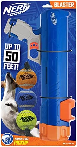 Nerf Dog Compact Tennis Ball Blaster Dog Toy, Great for Fetch, Hands-Free Reload, Launches up to 50 ft, Single Unit, Includes 3 Nerf Balls & Bag, Blue/Orange, Model: 5205 by GramercyProductsInc