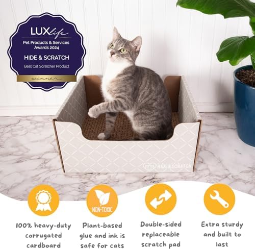 Hide & Scratch Cardboard Cat Scratcher Box & Bed Light Grey Diamond Pad - Image 2