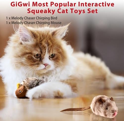 Gigwi Automatic Cat Toys Pack, Interactive Electronic Squeaky Animals Bird and Mouse, Plush Toys for Cats to Play Alone, 2 Pcs - Image 2