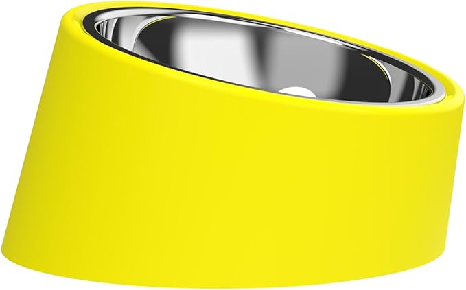 Slanted Dog Bowl Slow Feeder, 15° Tilted Elevated Raised Food Water Dish, Anti-Choke Anti-Gulping for Cats Dogs, Non-Spill Weighted Base, for Medium Dogs Standard Pets, Yellow