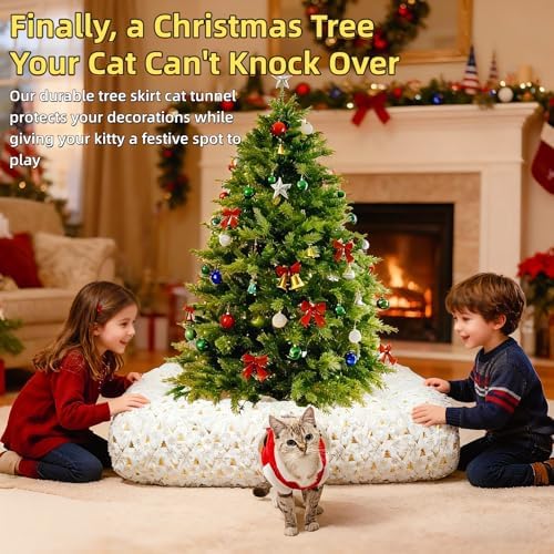 Extra Large Cat Tunnel Bed for Indoor Cats with Warm Mat, Cat Toys Cave Dount Tube for Xmas Decor White - Image 2