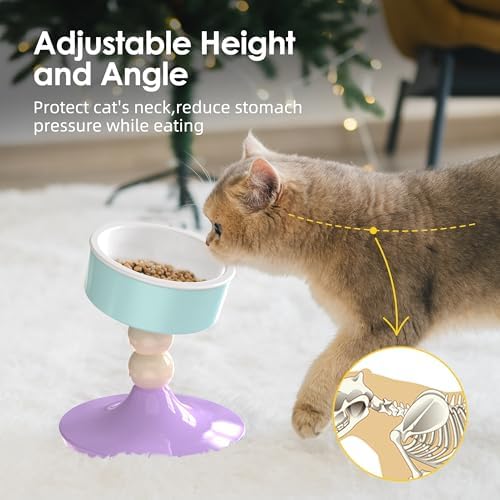 Ceramic Elevated Raised Cat Bowls,3 Heights Adjustable Raised Dog Bowl Stand for Indoor Cats and Small Dogs,15° Tilted Cat Food Feeding Dishes，Adjusts to 4.69", 5.98", 7.28" (Pink & White) - Image 3