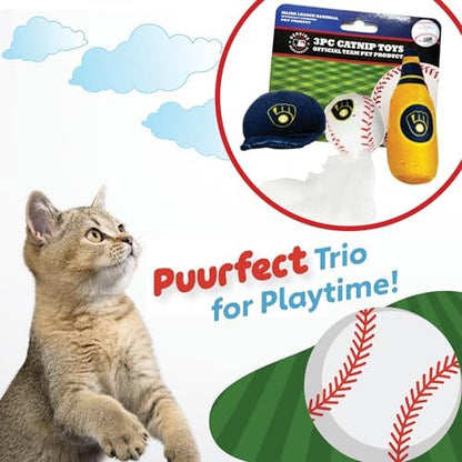 Best Plush CAT Toy - MLB Milwaukee Brewers Complete Set of 3 Piece Cat Toys Filled with Catnip. Incld: 1 Baseball Cap Cat Toy, 1 Baseball Cat Toy with Feathers & 1 Beer Bottle. Beautiful Team Logos - Image 4