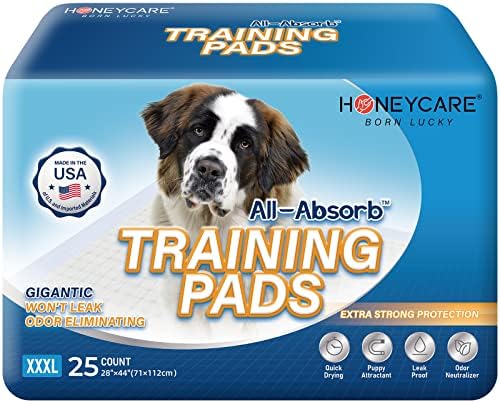 Honey Care All-Absorb 28"x44" Gigantic Dog and Puppy Training Pads, XXXL Dog Incontinence Training Pads, Made in The USA Dog Pee Pads(25 Count),White / Blue by HoneyCare