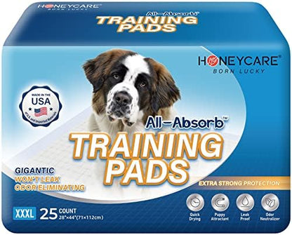 Honey Care All-Absorb 28"x44" Gigantic Dog and Puppy Training Pads, XXXL Dog Incontinence Training Pads, Made in The USA Dog Pee Pads(25 Count),White / Blue by HoneyCare