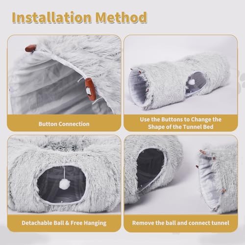 Cat Tunnels Bed with 1 Straight Tunnel and 20 Pet Toys - 5 Shapes DIY Indoor Cats Cave - Detachable Soft Cat Donut for Kitten Puppy Rabbit Ferret - Image 3