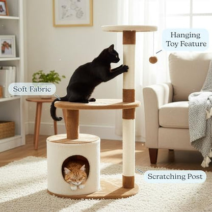 PETMAKER Cat Tree Condo 3 Tier with Condo and Scratching Posts, 37.5", Brown and Tan - Image 4