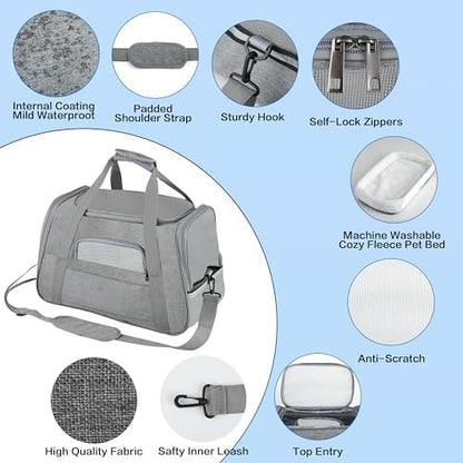 FluffyDream Pet Travel Carrier Soft Sided Portable Bag for Cats, Small Dogs, Kittens or Puppies, Collapsible, Durable, Airline Approved, Travel Friendly (Grey, 17.0" L x 10.0" W x 11.0" H) (Grey) - Image 4