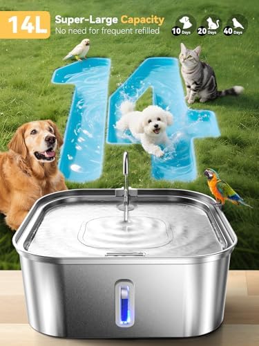 Large Dog Water Fountain 14L/3.7Gal, Stainless Steel Pet Fountain for Large Dogs and Multi-Pets Families, Visible Window & Extra Wide Drinking Area, Enlarges Capacity & Saves Space (with 3pcs Filters) - Image 2
