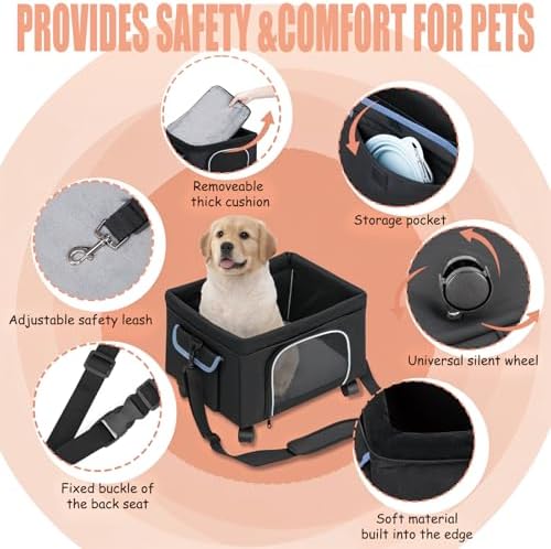 4-in-1 Cat Car Seat and Cat Carrier with Removable Wheels Booster Car Seats for Small Dogs Cats Comes with Shoulder Strap Clip-On Safety Leash and Thickened Pads, Pet Travel Carrier Bed up to 15lbs - Image 5