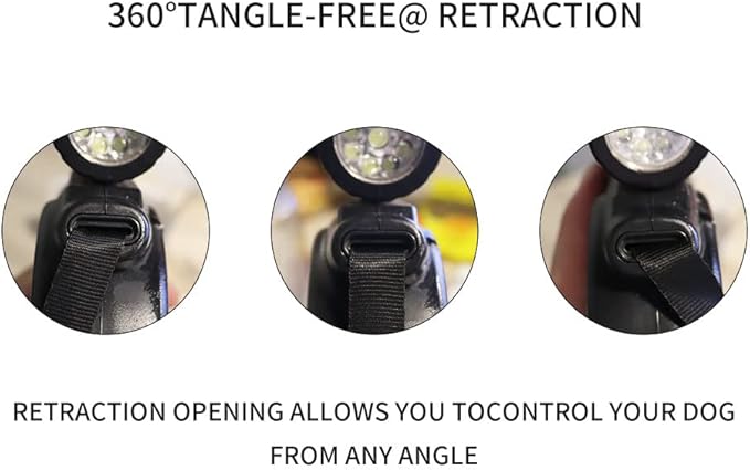 360° Tangle-Free Retractable Dog Leash with Flashlight, Dispenser and Poop Bag Heavy-Duty Nylon Tape for Small, Medium Dogs and Cats One-Handed Brake and Lock, Black