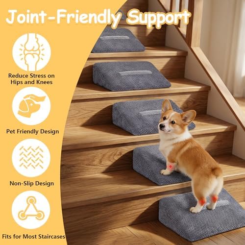 3 Pack Dog Ramp for Stairs with Contrast Color Anti-Slip Strip – Stair Wedges for Small & Senior Dogs and Cats, Gentle Slope Pet Steps with Washable Cover & Self-Sticky Pads - Image 3