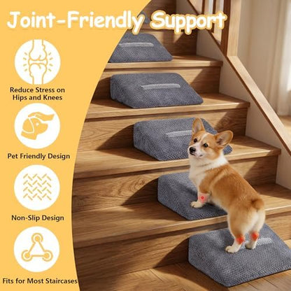 3 Pack Dog Ramp for Stairs with Contrast Color Anti-Slip Strip – Stair Wedges for Small & Senior Dogs and Cats, Gentle Slope Pet Steps with Washable Cover & Self-Sticky Pads - Image 3