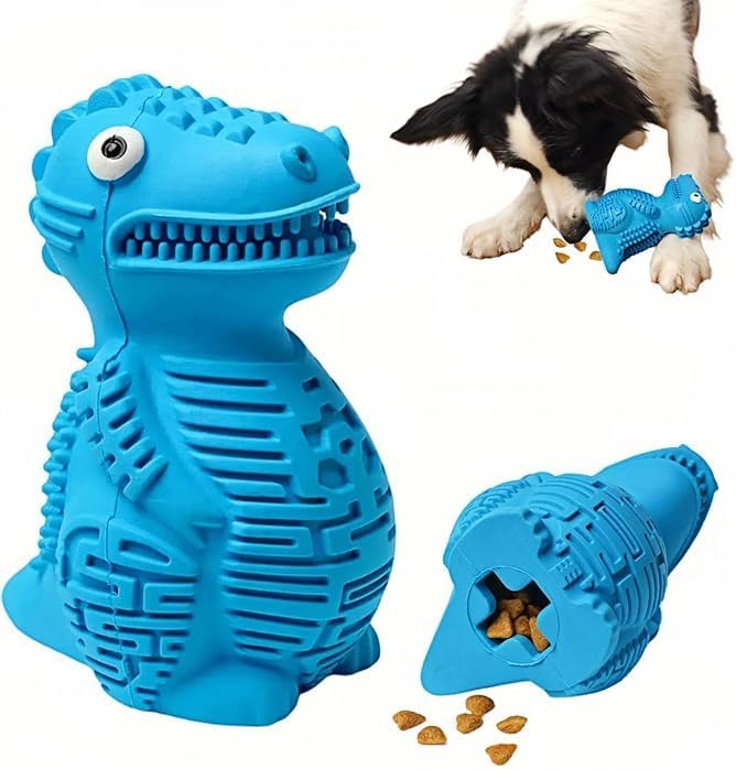 Topplesaurus Dinosaur Dog Treat Dispenser Toy, Interactive Slow Feeder, Blue