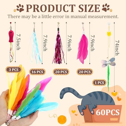 60 Pcs Cat Wand Feather Toy Refills Colorful Replacement Feather Attachments with Bell Natural Fit Cat Toy Universal Interactive Fishing Pole Teaser Attachment for Indoor Kitten(Feather-mix) - Image 2