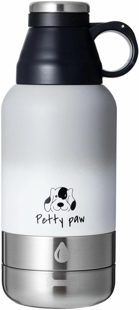 Petty Paw Dog Travel Water Bottle 32 oz Portable Stainless Steel Pet Water Bottle with Detachable Bowl for Dogs Leak Proof for Walking, Hiking, Camping