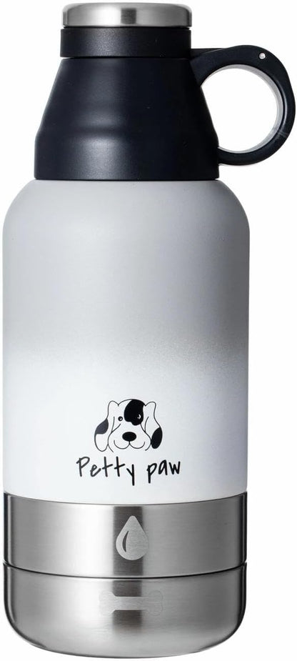 Petty Paw Dog Travel Water Bottle 32 oz Portable Stainless Steel Pet Water Bottle with Detachable Bowl for Dogs Leak Proof for Walking, Hiking, Camping