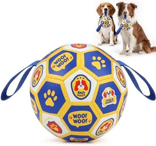 Vivifying Dog Toys Balls, Interactive World Cup Soccer Ball for Small Medium Dogs, Durable PU Enrichment Training Toy with Straps for Indoor and Outdoor Tug-of-War & Playing (6 Inches) by Vivifying