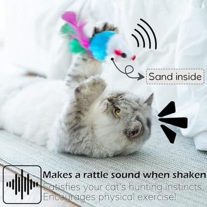 60 PCS Furry Cat Toys Squeak Mouse Rattle Mice Cat Catcher Pet Toys with Feather Tails (Random Color) - Image 3