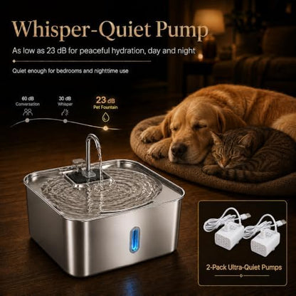 7L / 1.8 Gallon Dog Water Fountain, Suitable for Large Dogs and Multi‑Pet, 2 Silent USB Pumps and 4 Filters, 304 Stainless Steel Cat Water Fountain, Multi‑Stage Filtration, Visible Water Level Window - Image 4