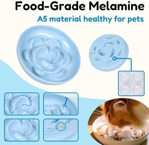 2 Pcs Cat Slow Feeder Bowl Set - Unbreakable Melamine Puzzle cat Bowl for Slow Eating - Cat Dish for Wet & Dry Food- Whisker Friendly & Dishwasher Safe & Non Slip Design - 6.3 x 6.3 '' (Blue+White) - Image 4