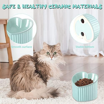Mumufy 2 Pcs Ceramic Elevated Cat Bowls Tilted Elevated Raised Pet Bowls Anti Vomit Cat Dish for Indoor Stress Free Water Dish Feeder for Puppies, Heart Shaped(Macaron Blue, Pink) - Image 5