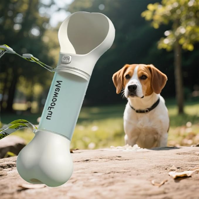 Bone Shaped Pet Water Bottle with Poop Bag Dispenser - Leak-Proof Portable Pet Travel Water Dispenser with Drinking Bowl for Walking, Hiking, & Outdoors, White
